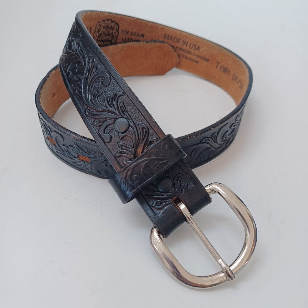 Tony Lama Youth Belt Black Tooled Leather Silver‎ Tone Buckle Western Style